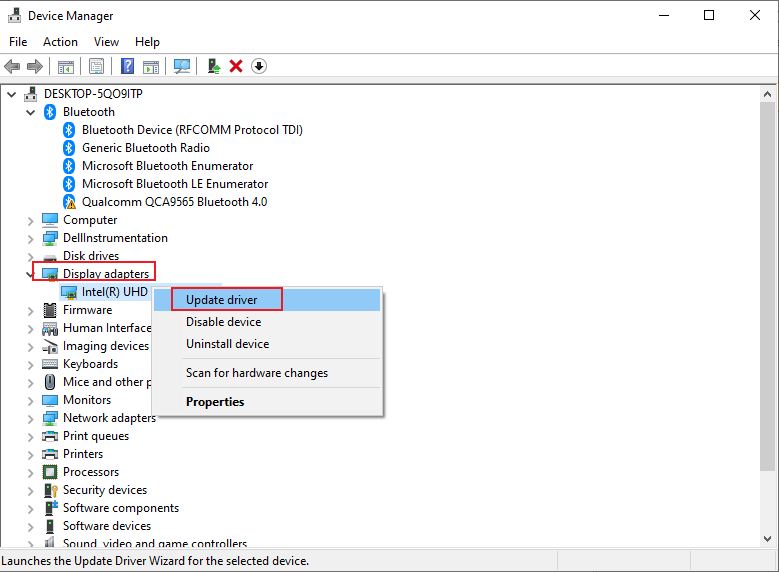 Right-click on your display adapters and select the Update driver option in Device Manager