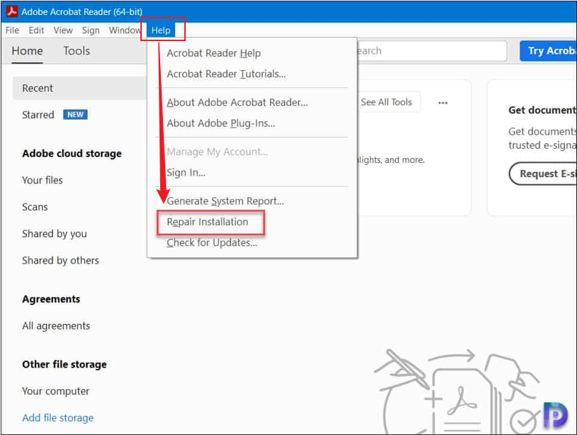 Click Help and select the Repair Installation option in Adobe Acrobat