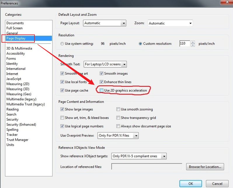 Go to the Page Display section and uncheck the graphics acceleration option
