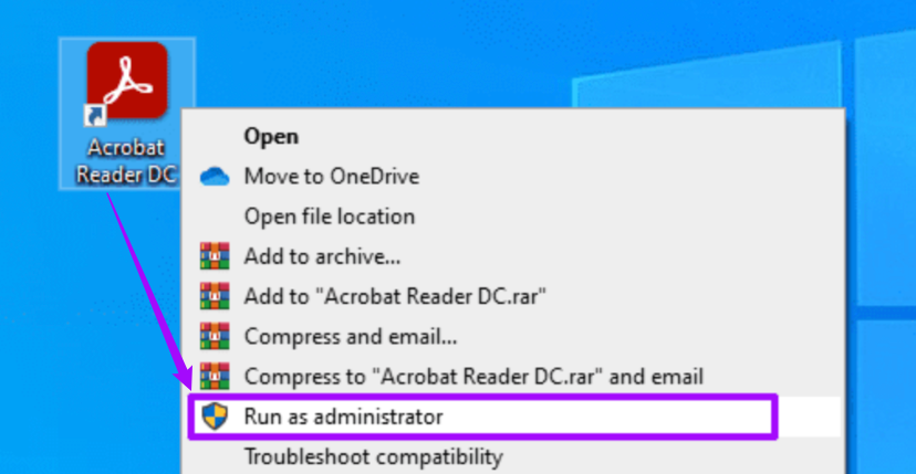 Right-click on Adobe and select the Run as administrator option