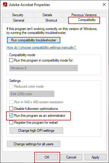 Click Compatibility and check the Run this program as an administrator checkbox