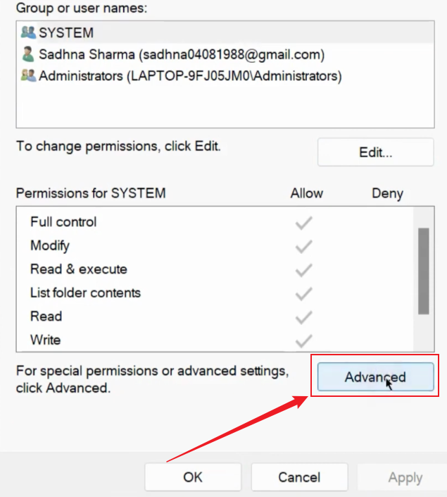 Click the Advanced button