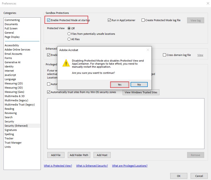 Uncheck the Enable Protected Mode at startup checkbox in Adobe Acrobat