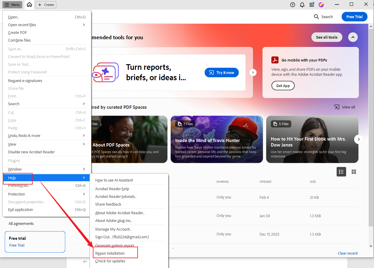 Go to Help and click the Repair installation option in Adobe Acrobat