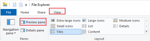 Click View and turn off the Preview pane option in Windows Explorer