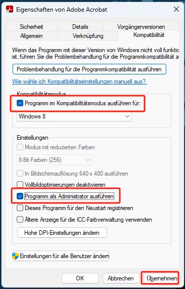 Adobe Acrobat als Administrator ausführen