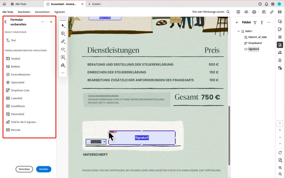 Interaktive Komponenten in Formular hinzufügen