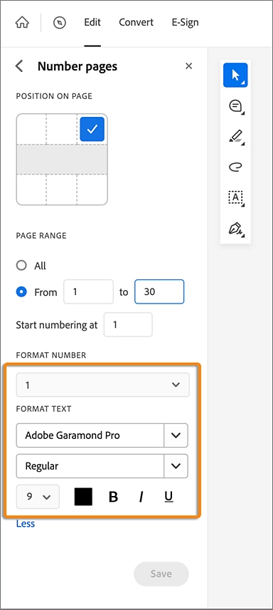 Adobe Online Page Number Settings