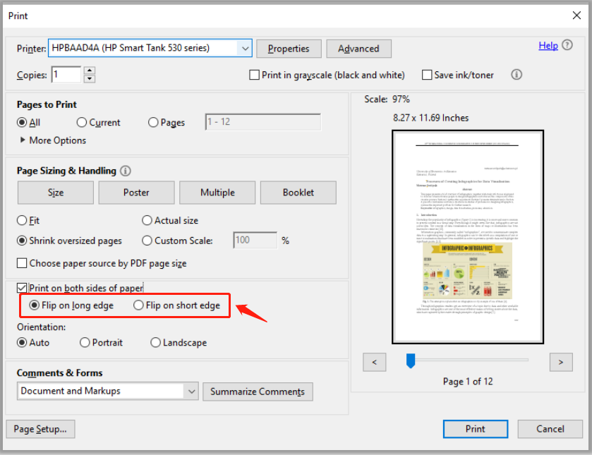 Flip on short edge or long edge in Adobe Printer