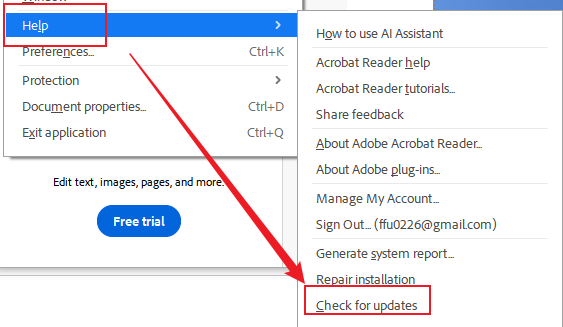 Click Help and select the Check for updates option in Adobe Acrobat