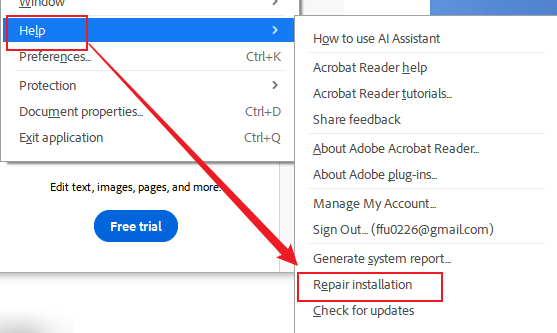 Click Help and select the Repair installation option in Adobe Acrobat
