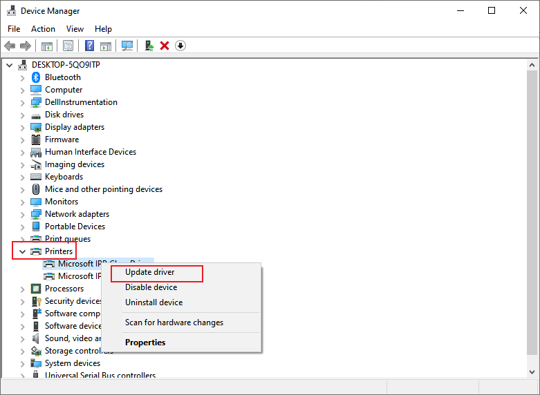 Right-click on your print driver and select the Update driver option in Device Manager