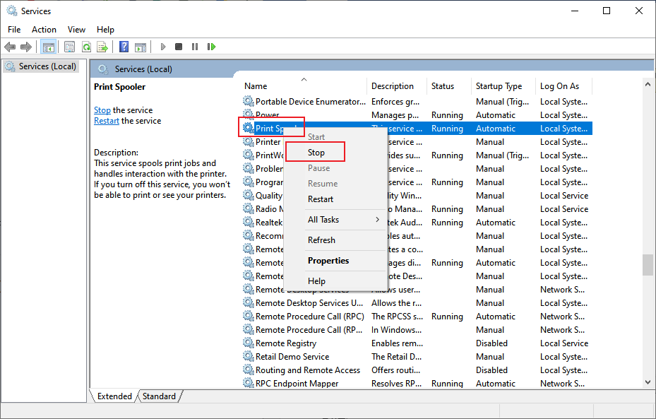 Right-click on Print Spooler and click Stop in Services