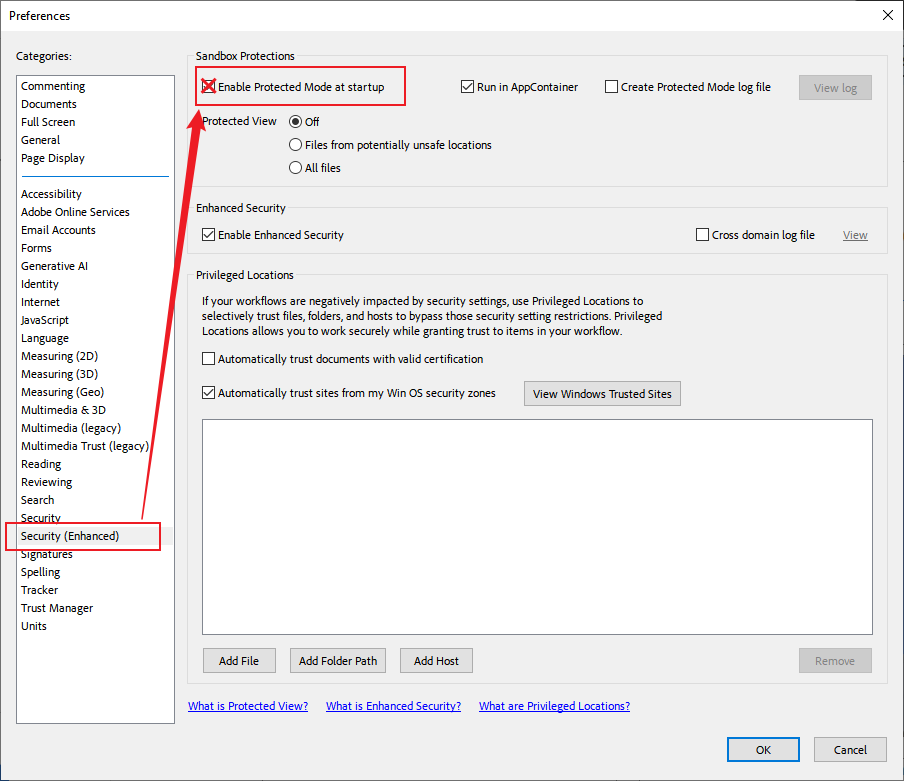 Go to Security (Enhanced) and uncheck the Enable Protected Mode at startup option in Adobe Acrobat