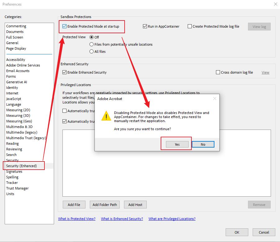 Click Security (Enhanced) and uncheck the Enable Protected Mode at startup option in Adobe Acrobat
