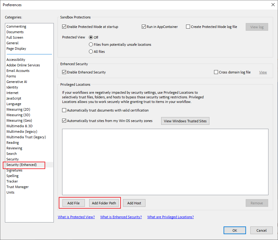 Click Add File or Add Folder Path under the Privileged Locations of Adobe Acrobat
