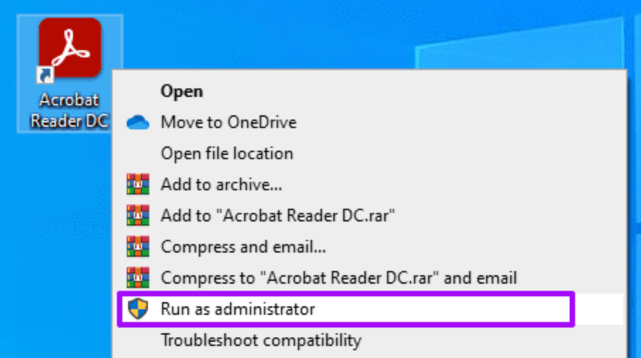 Run Adobe Acrobat as administrator