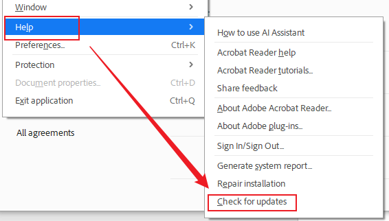 Go to Help and click the Check for updates option in Adobe Acrobat