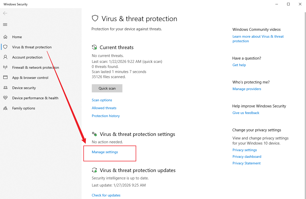Click Manage settings under Virus & threat protection settings