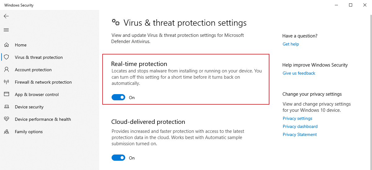 Toggle Real-time protection off