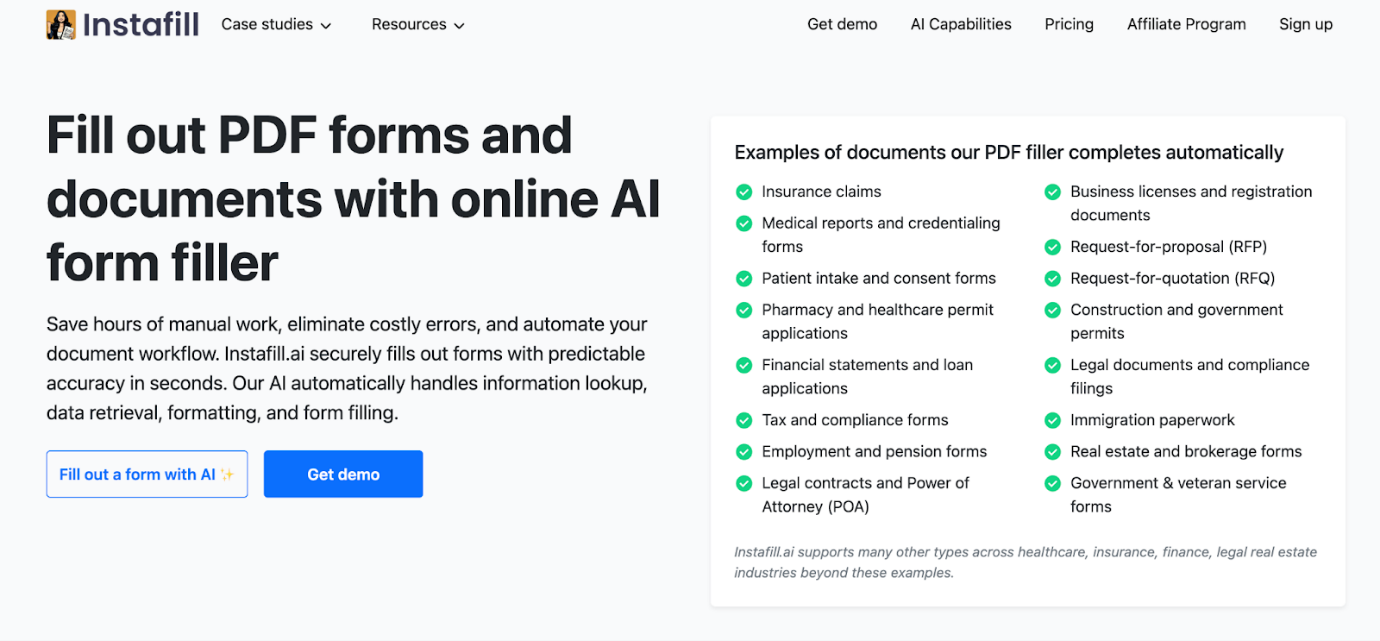 Webpage interface of Instafill.ai