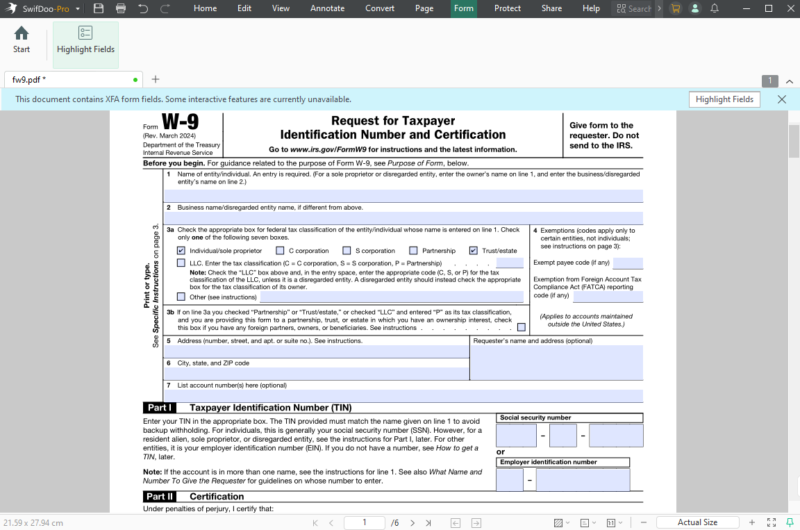 Interface of SwifDoo PDF form filler