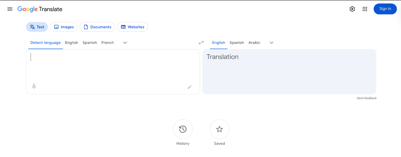 Interface of Google Translate