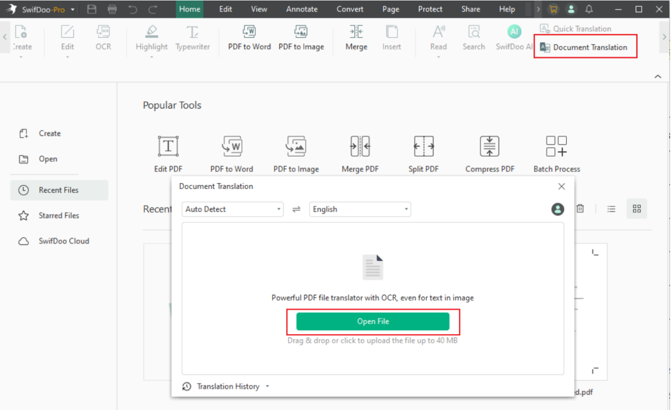 Click Open File in the Document Translation dialog to open the manga in SwifDoo PDF