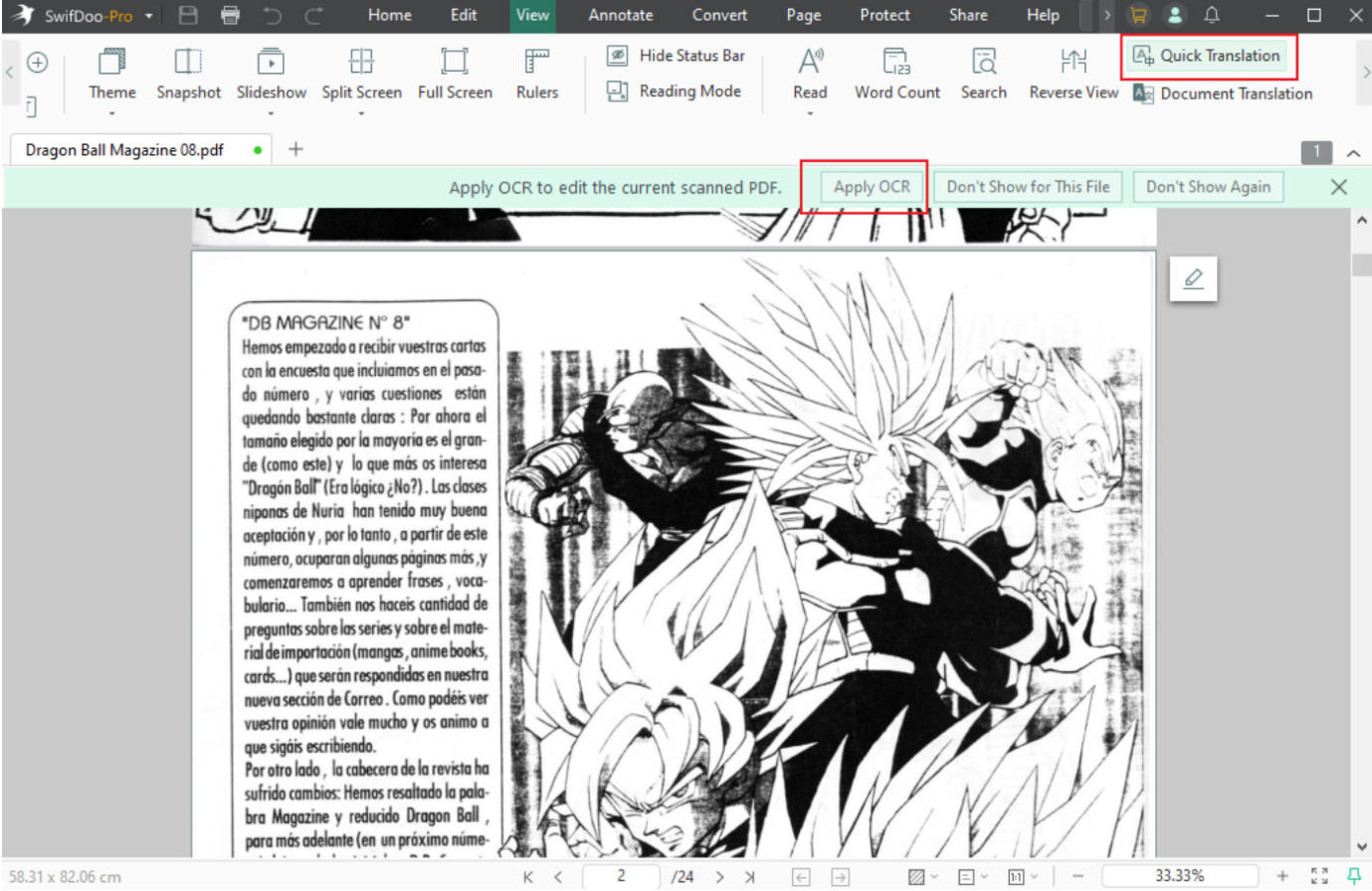 Select the text in the Manga you want to translate and click the Quick Translation option in SwifDoo PDF