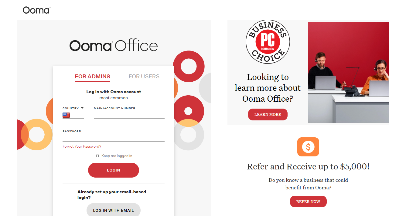 Web interface of Ooma Office