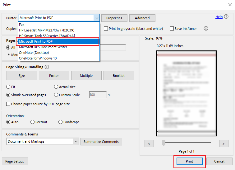 Choose the Microsoft Print to PDF option in Adobe Acrobat