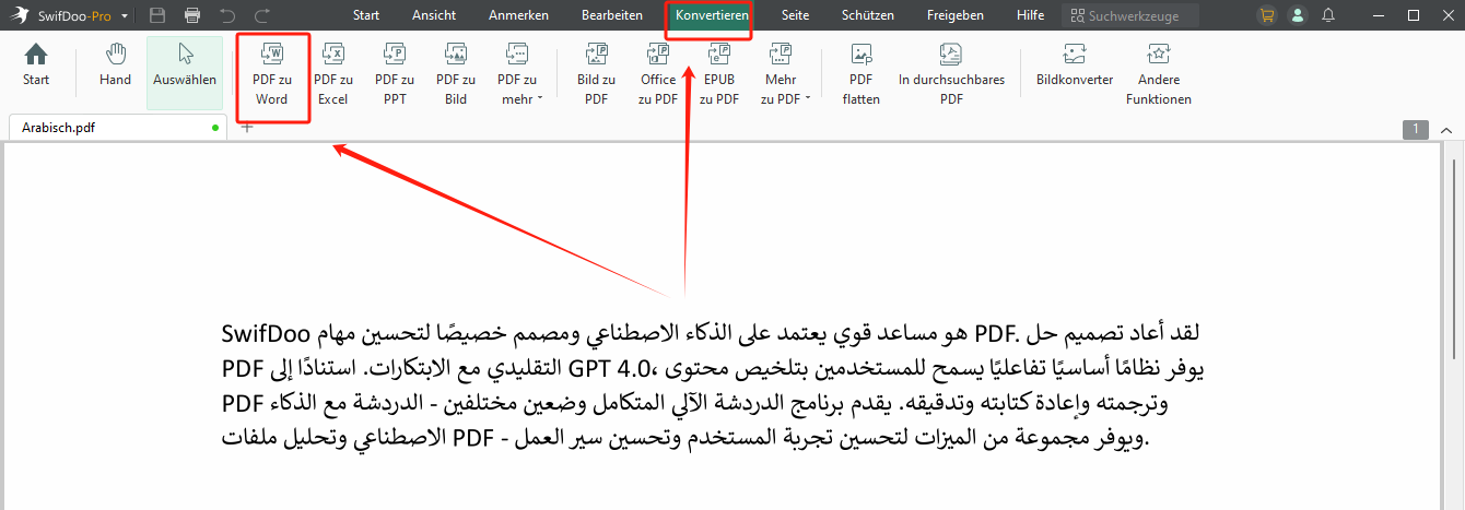 Konvertieren eines arabischen PDFs in ein Word-Dokument in SwifDoo PDF