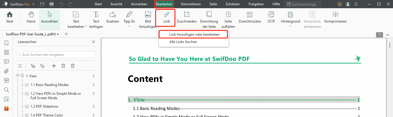 Link zu einer Seite in einer PDF-Datei mit SwifDoo PDF