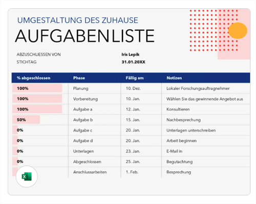 Aufgabenplanung Excel Vorlage - Aufgabenliste mit Statusanzeige