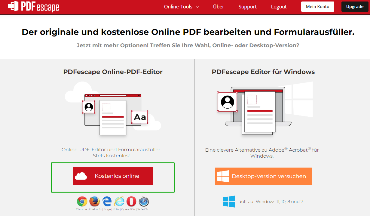 Öffnen Sie die Webseite des Online-Tools und klicken Sie auf Kostenlos online, um die Online-Tools von PDFescape aufzurufen und Ihre PDF-Dateien hochzuladen.