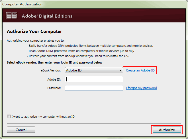 Authorize Computer in Adobe Digital Editions