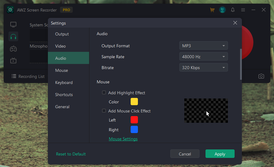 AWZ Screen Recorder Audio Settings