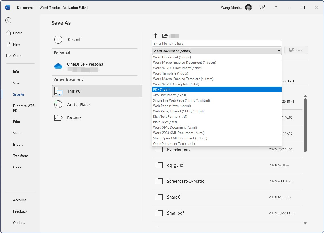 Back up Word as PDF in Microsoft Word