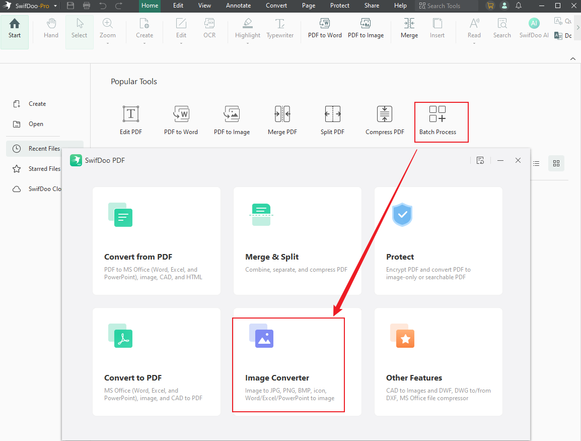 Click Batch Process and select the Image Converter option in SwifDoo PDF