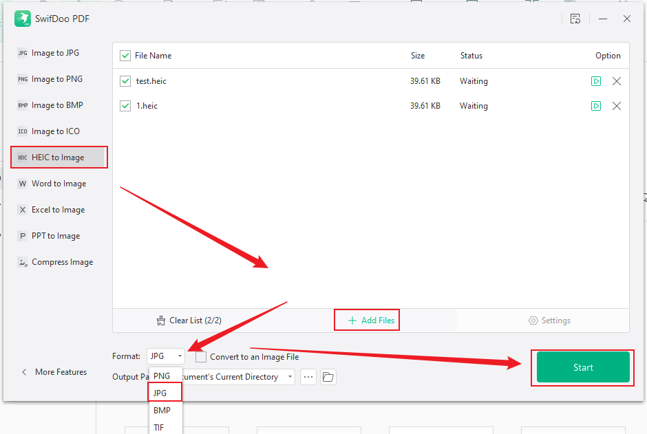 Select the JPG format as the output format and click Start in SwifDoo PDF