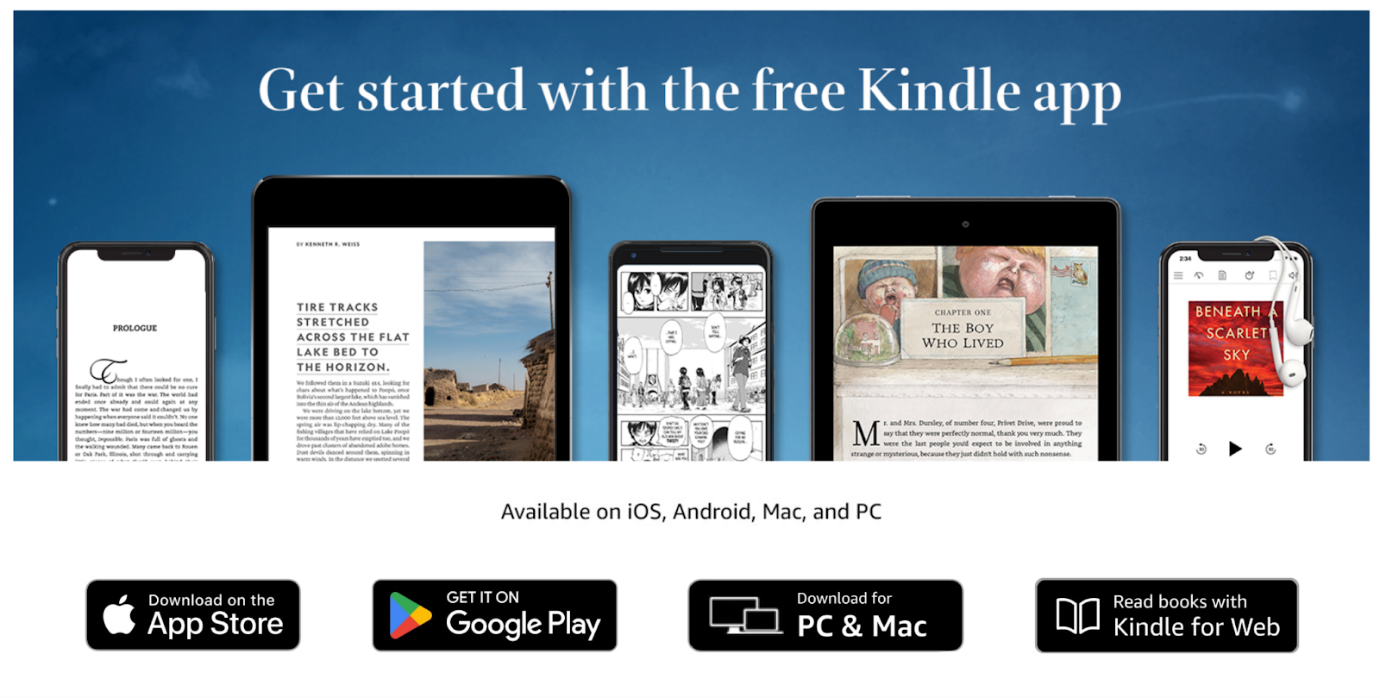 The website interface of Amazon Kindle app
