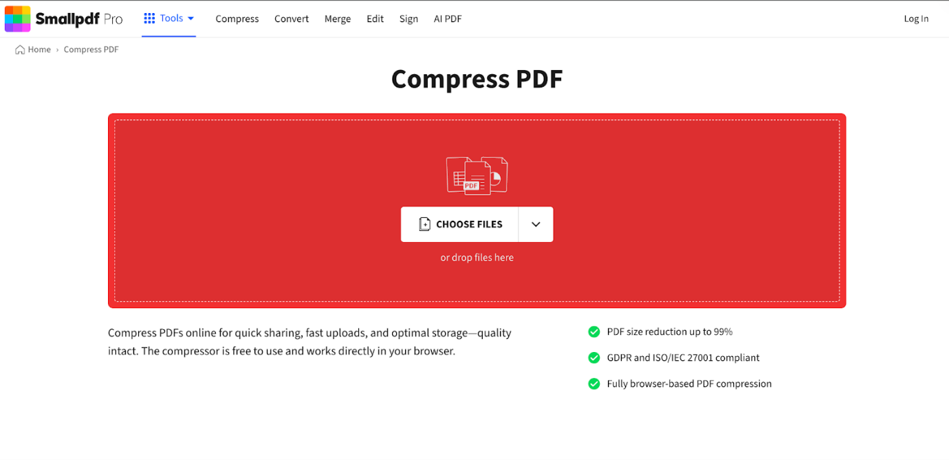 The Compress PDF window of Smallpdf