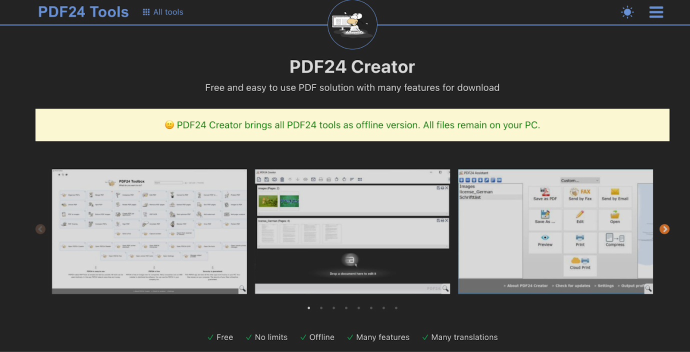 The main interface of PDF24 Tools