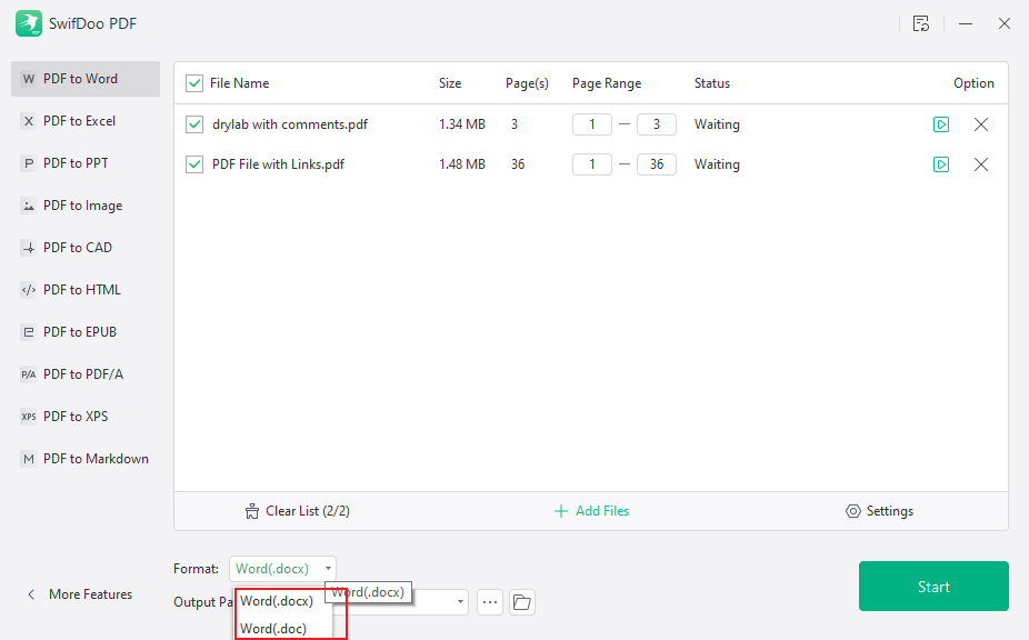 Select DOCX or DOC as the output format in SwifDoo PDF