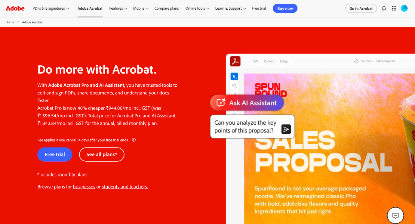 The website page of Adobe Acrobat