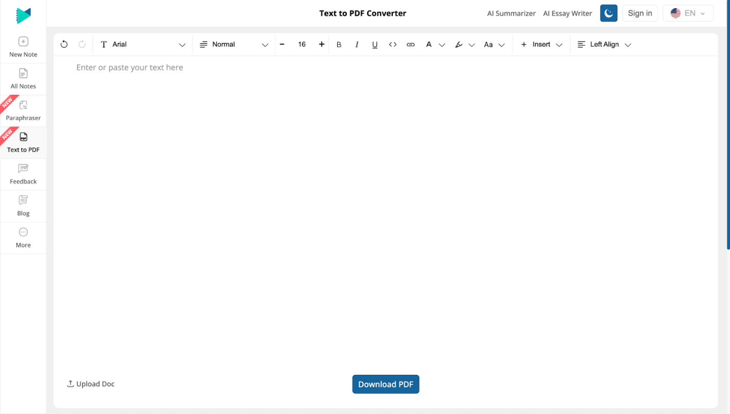 Interface of OnlineNotepad TXT to PDF