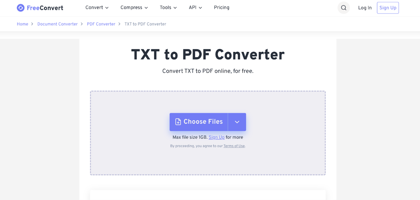 Interface of FreeConvert TXT to PDF Converter