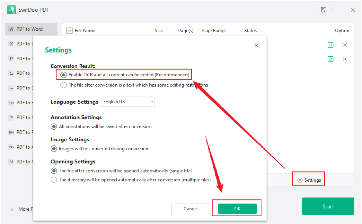 Click the Settings option to customize other output settings like OCR in SwifDoo PDF