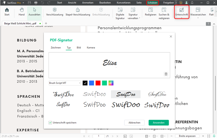 PDF Unterschrift hinzufügen mit SwifDoo PDF