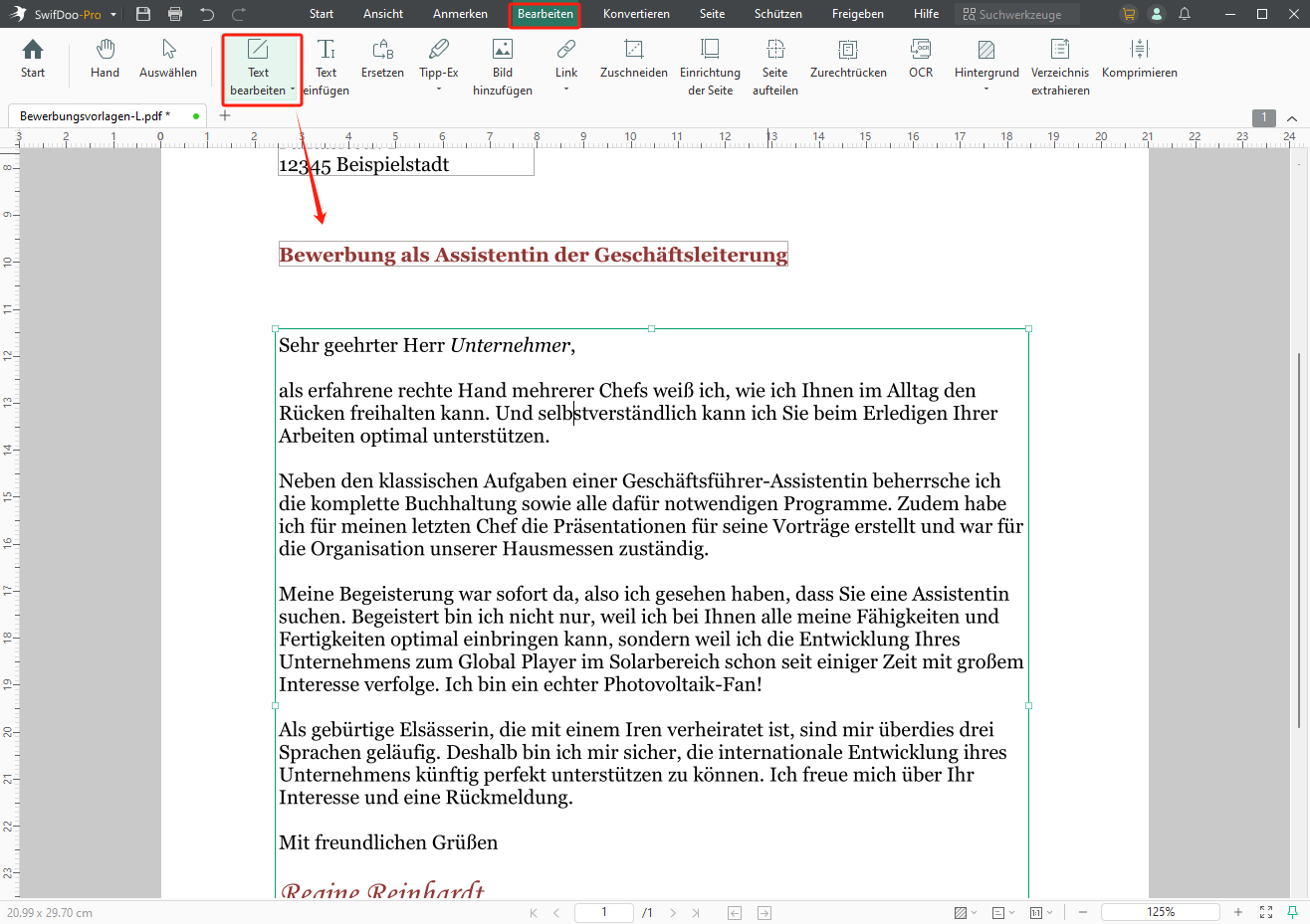 Bewerbungsschreiben PDF bearbeiten SwifDoo PDF